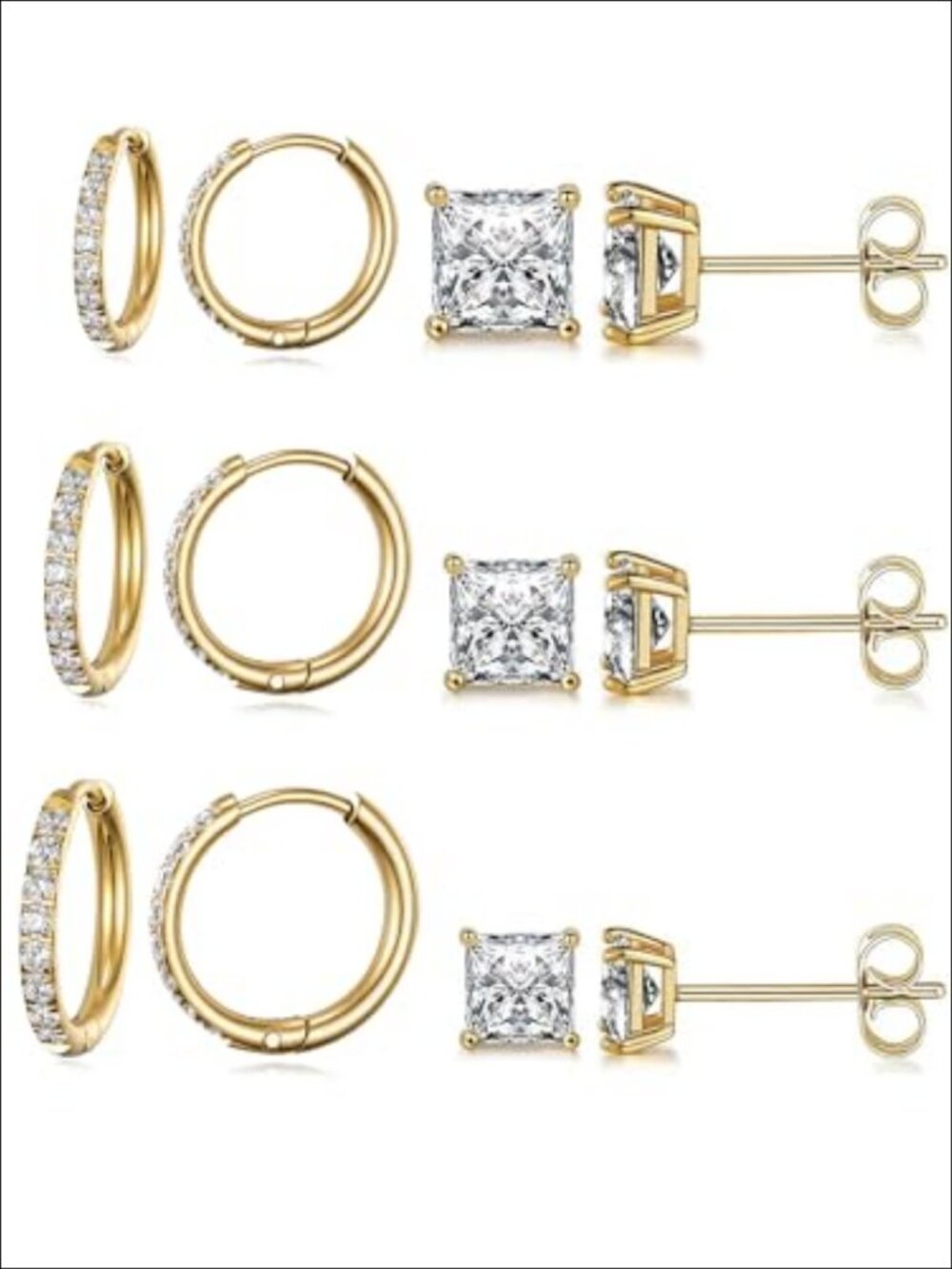 316L Stainless Steel Hoop Earrings, Cubic Zirconia Huggie Stud Set